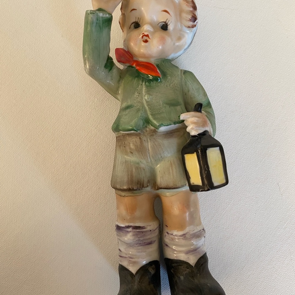 Vintage Ceramic Boy Figurine Holding Lantern - Green Jacket, Black Boots